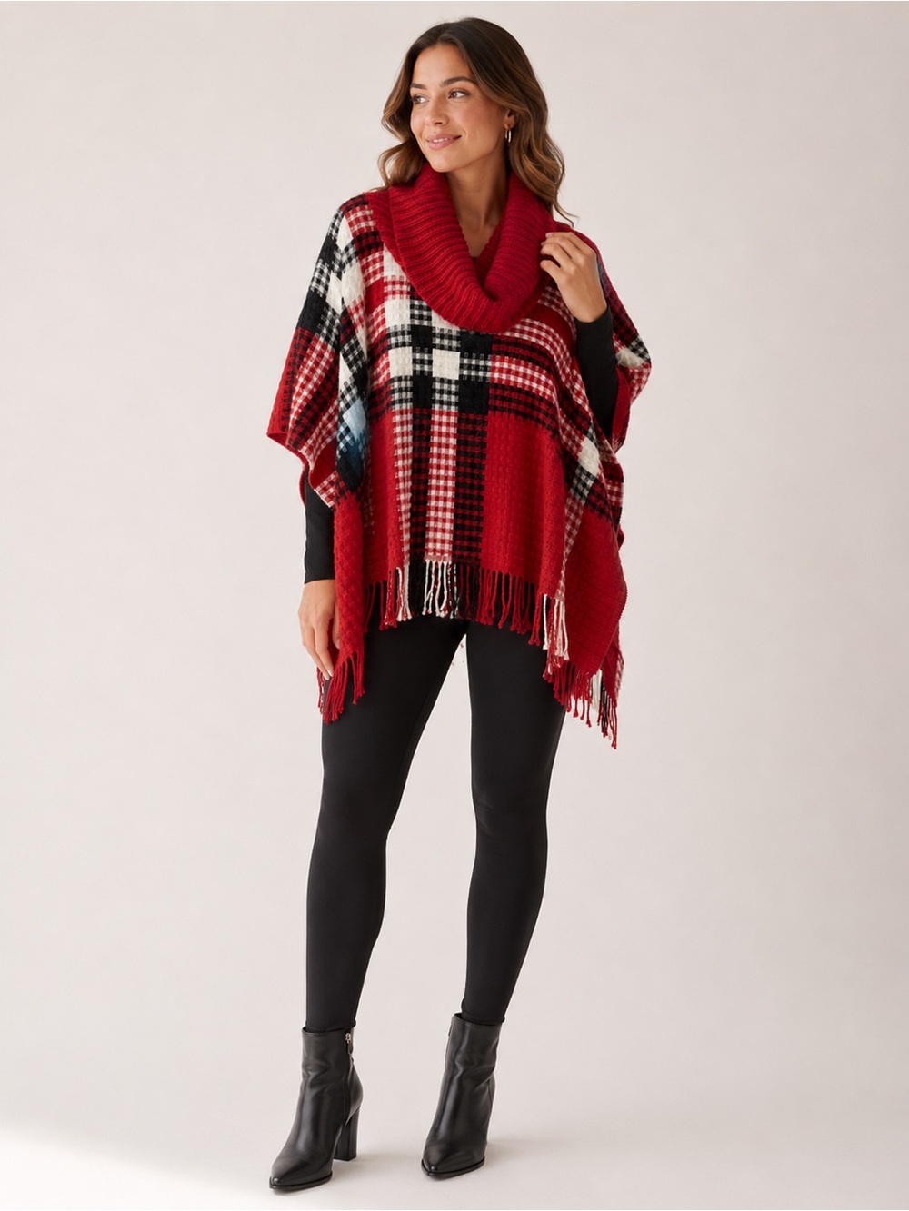 Red Black Plaid Cowl Neck Fringe Poncho Christmas One Size